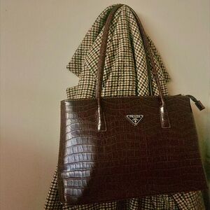 Lux Dark Brown Crocodile Embossed Shoulder Bag